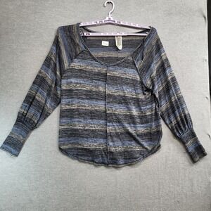 Free People Women Sweater Large Gray Striped Carolina Hacci Knit Tunic Pullover